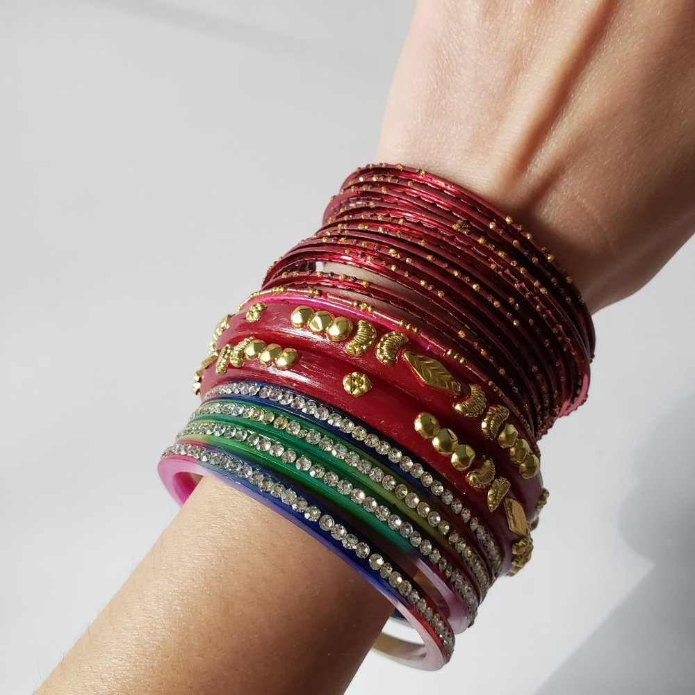 Set of Assorted Pink Toned Bejeweled Indian Bangle Bracelets
